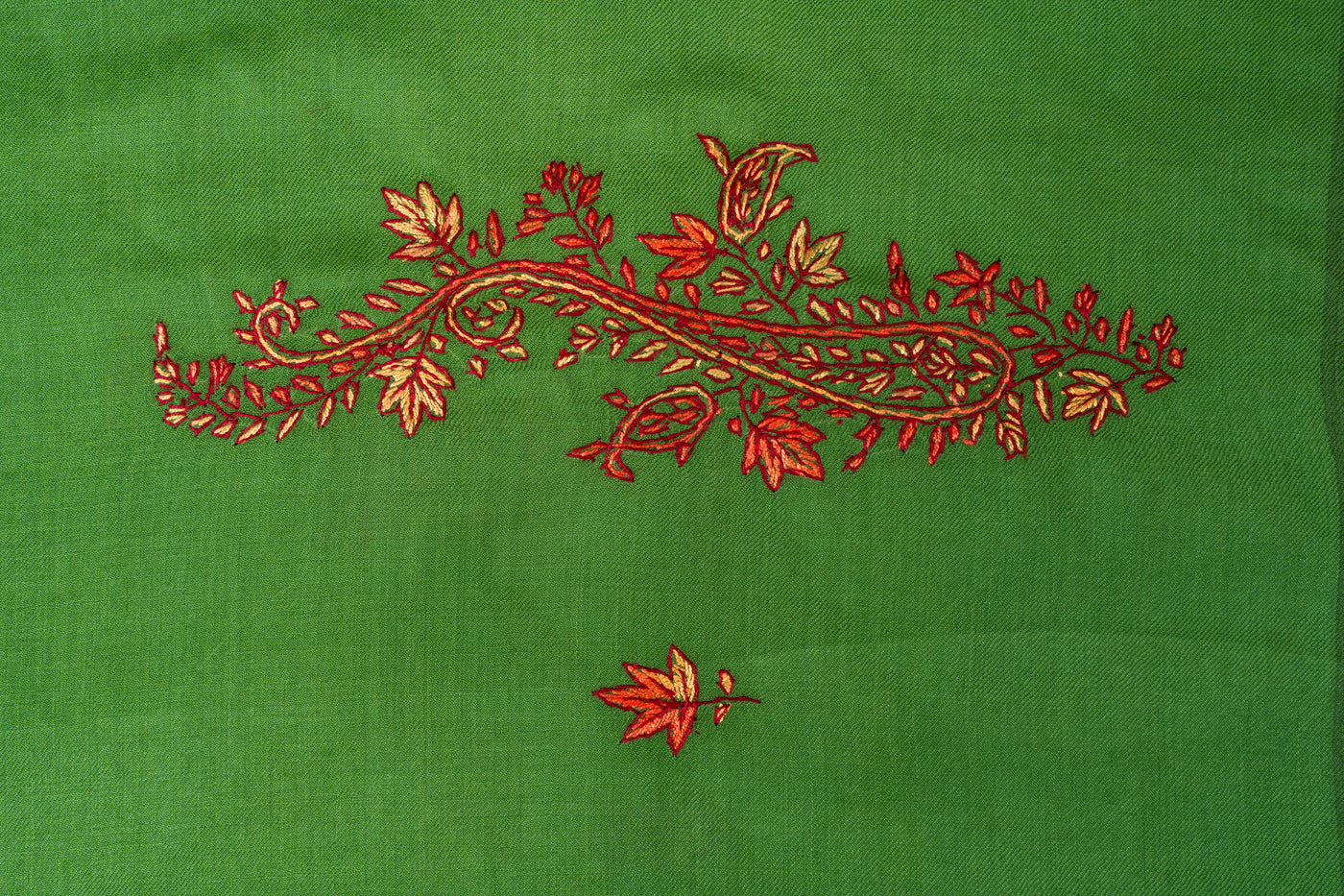 Verdant Bloom: Sozni Hand Embroidered Merino Wool Shawl in Green
