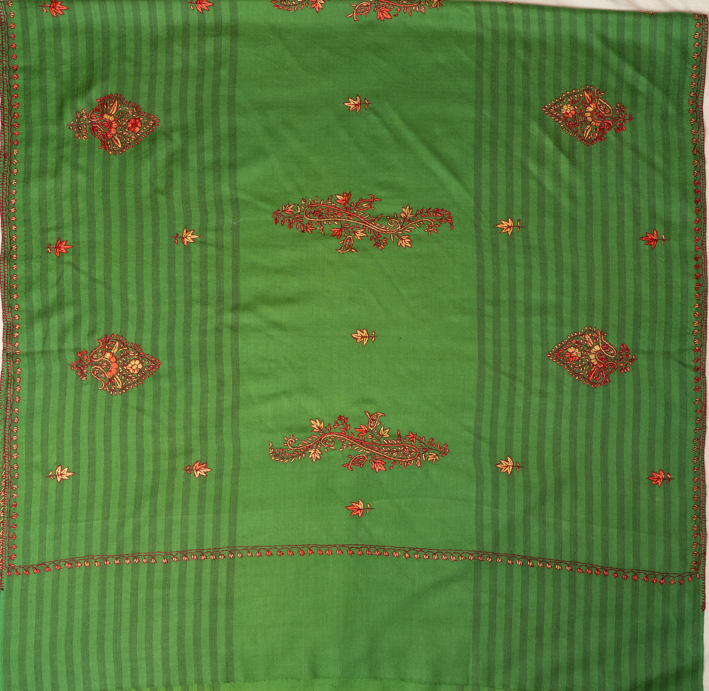Verdant Bloom: Sozni Hand Embroidered Merino Wool Shawl in Green