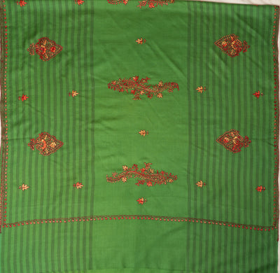 Verdant Bloom: Sozni Hand Embroidered Merino Wool Shawl in Green