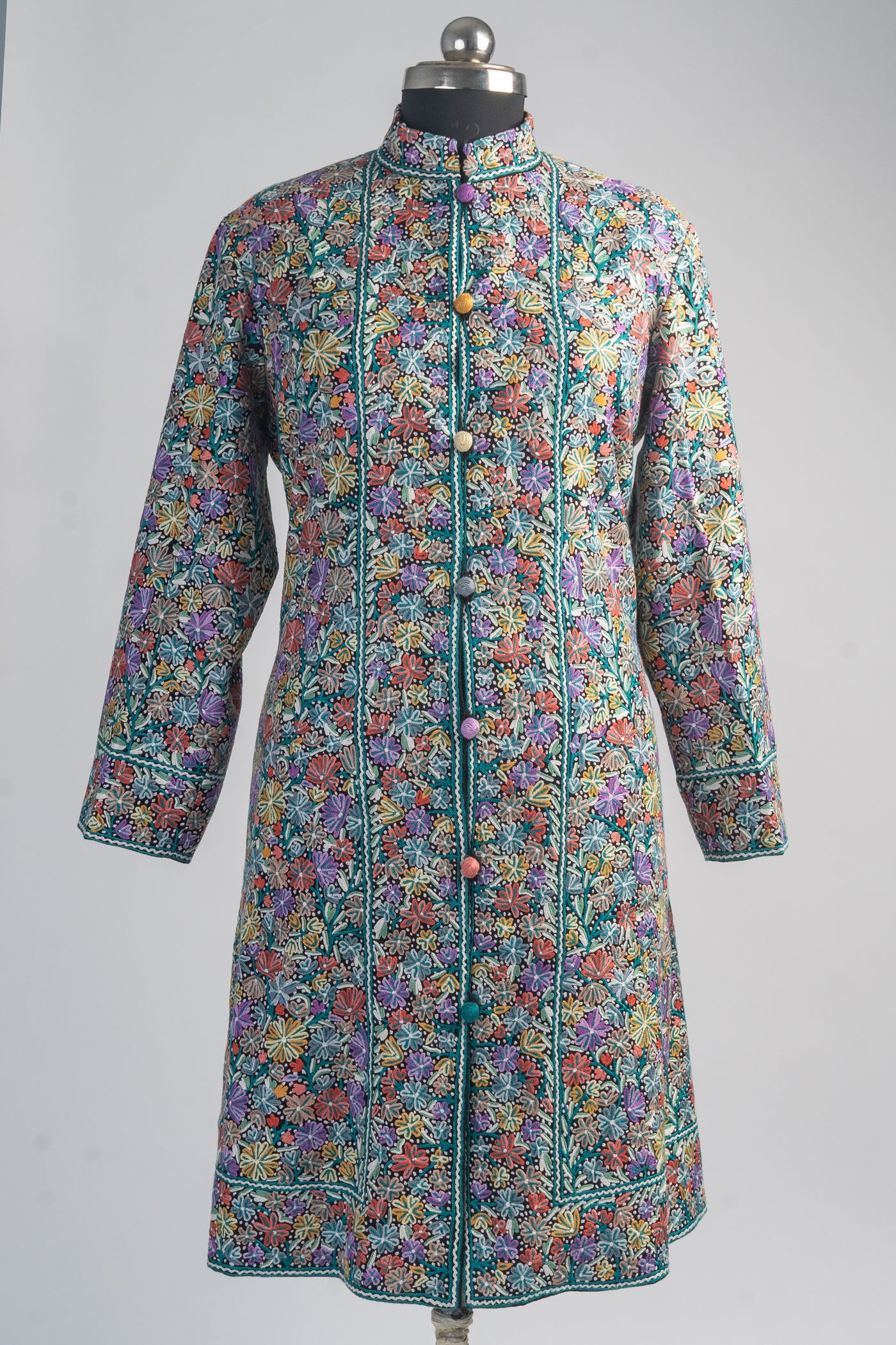 Garden of Splendor: Handcrafted Merino Wool Jacket with Multicolored Aari Embroidery