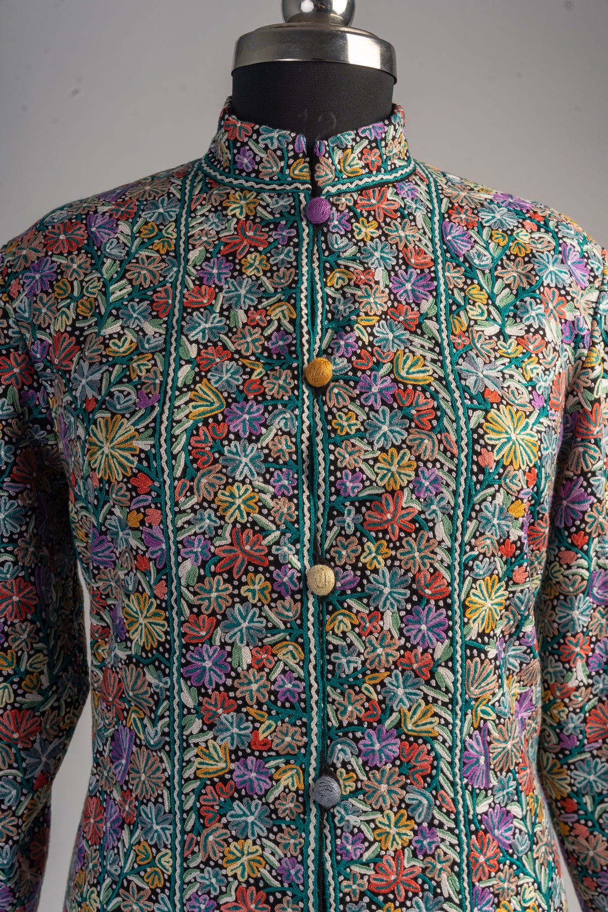 Close front view of the jacket’s stand collar and buttoned opening surrounded by dense multicoloured floral embroidery