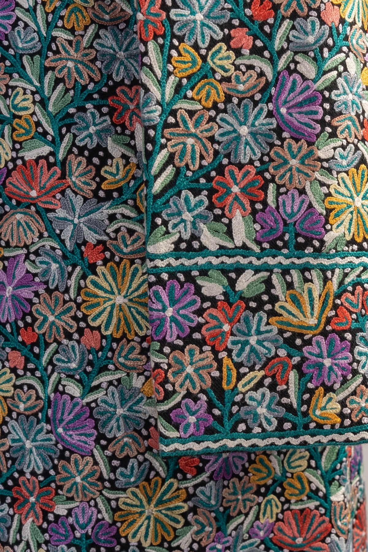 Close-up of multicoloured Aari flowers and leaves beside turquoise and cream stitching around the jacket cuff
