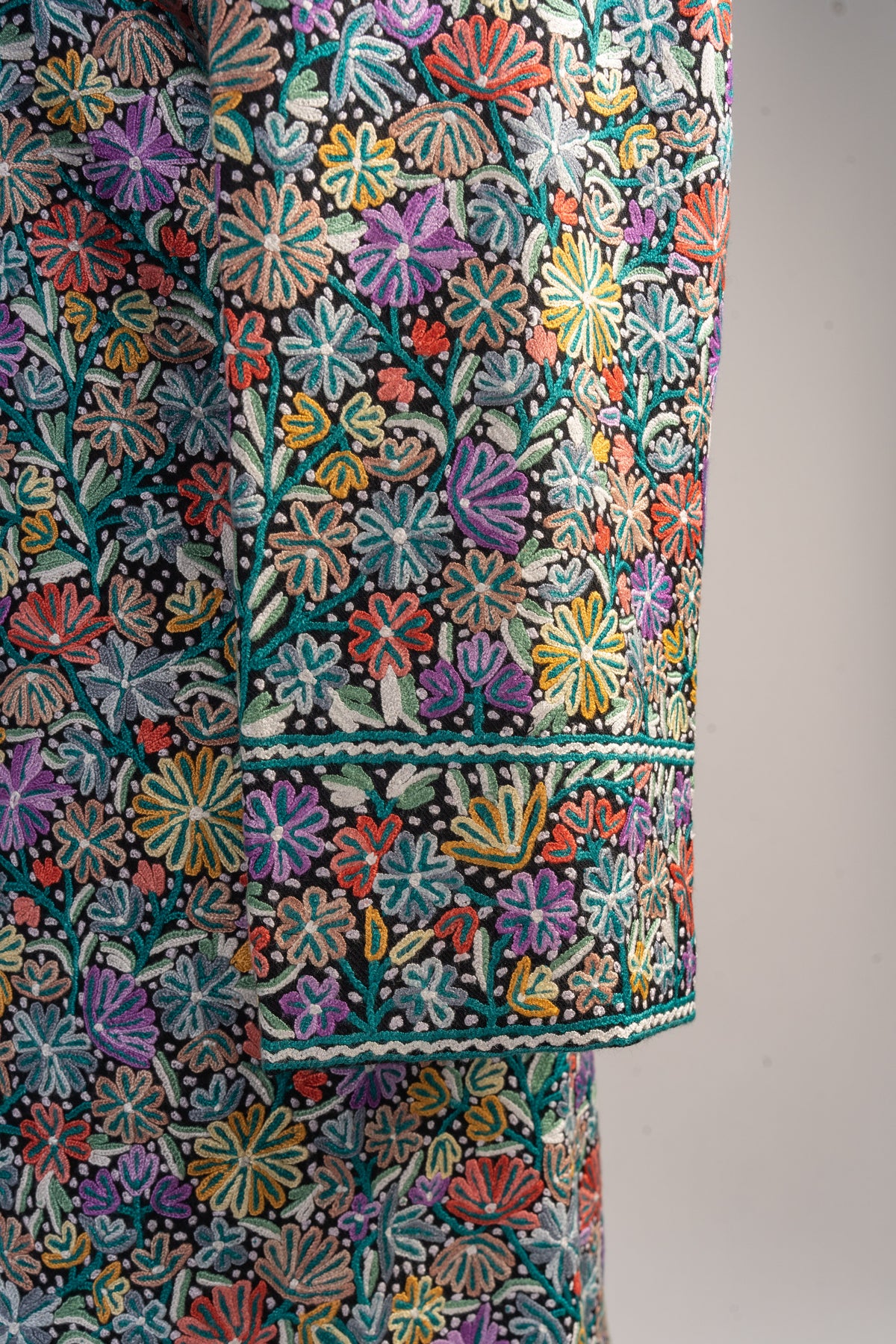 Jacket sleeve detail with tightly packed turquoise, purple, coral and yellow flowers above a bordered cuff
