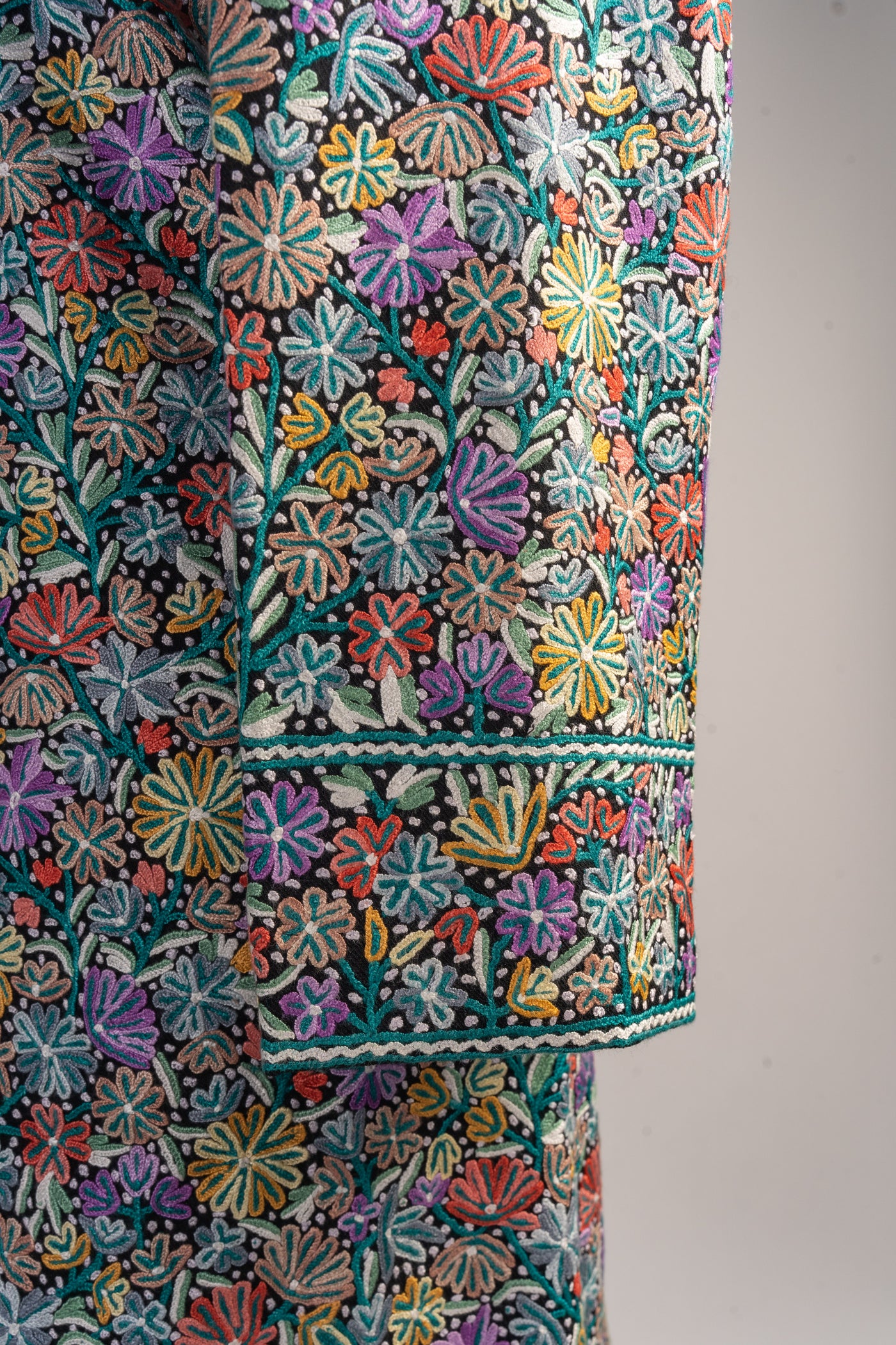 Garden of Splendor: Handcrafted Merino Wool Jacket with Multicolored Aari Embroidery