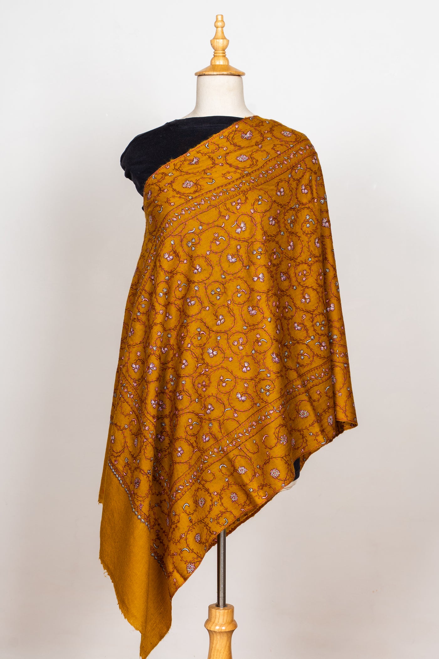 Golden Bloom: Sozni Hand Embroidered Merino Wool Scarf