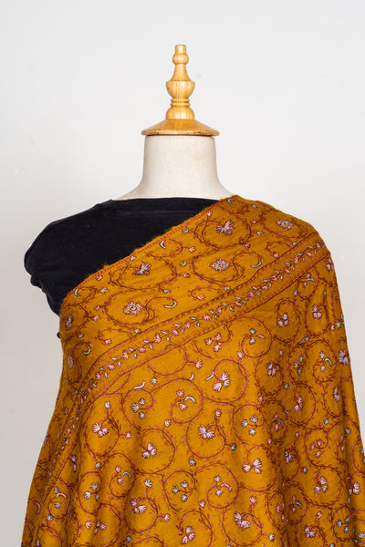 Golden Bloom: Sozni Hand Embroidered Merino Wool Scarf