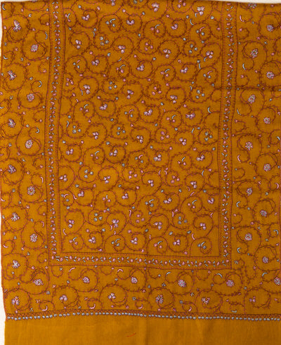 Golden Bloom: Sozni Hand Embroidered Merino Wool Scarf