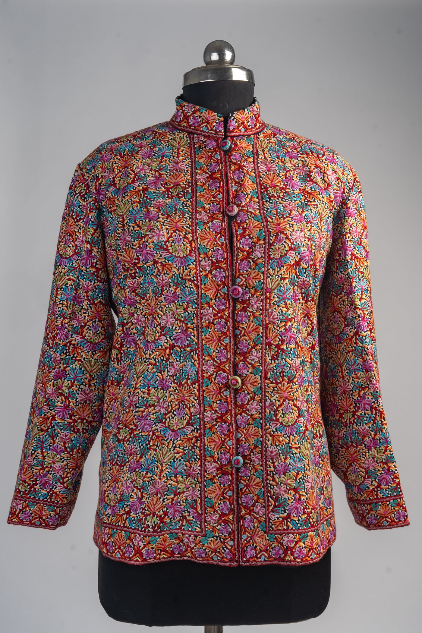 Blossoms of Kashmir: Hand Aari Embroidered Merino Wool Short Jacket with Floral Accents