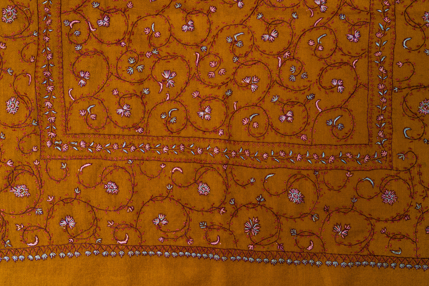 Golden Bloom: Sozni Hand Embroidered Merino Wool Scarf