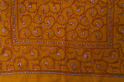 Golden Bloom: Sozni Hand Embroidered Merino Wool Scarf