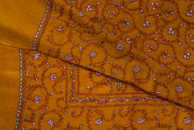 Golden Bloom: Sozni Hand Embroidered Merino Wool Scarf