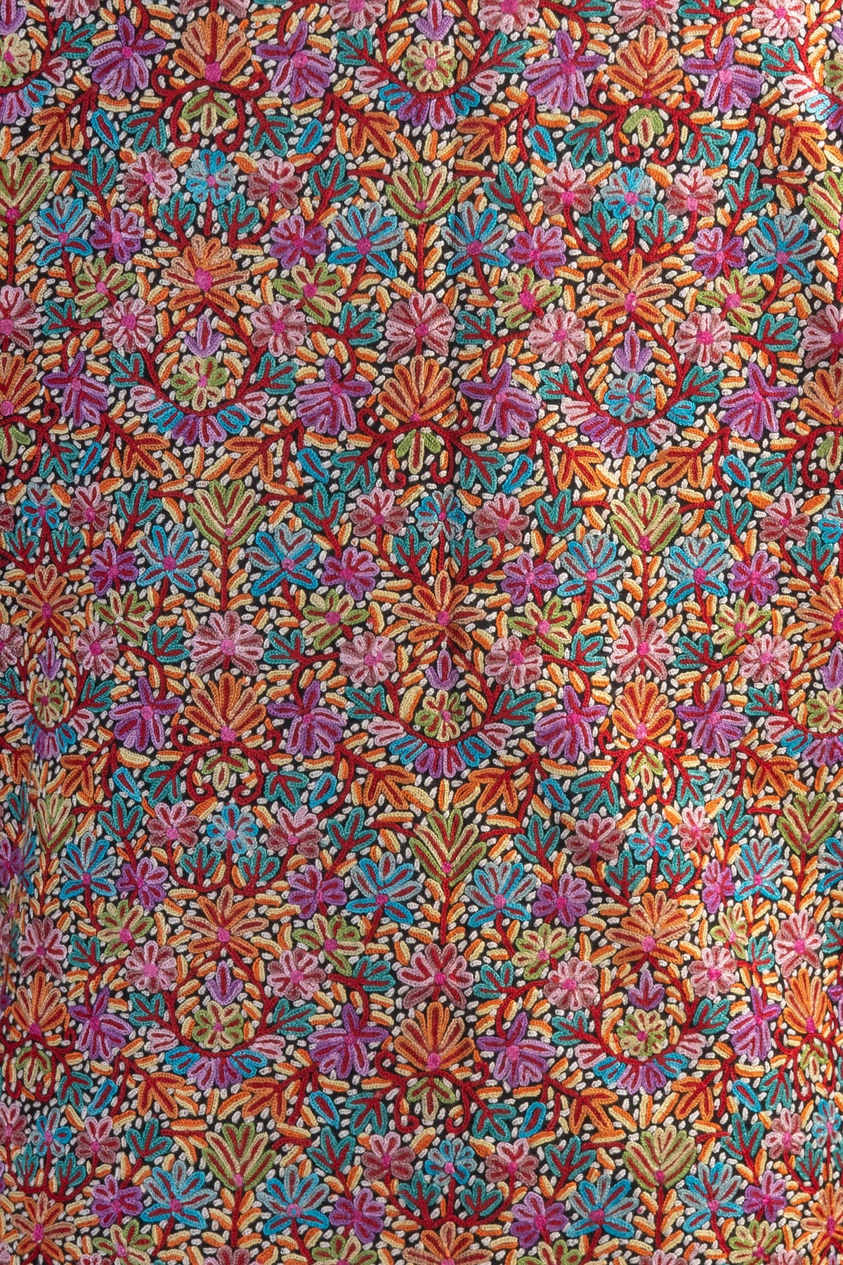 Close-up of tightly packed pink, turquoise, orange and green embroidered flowers covering the jacket’s back.