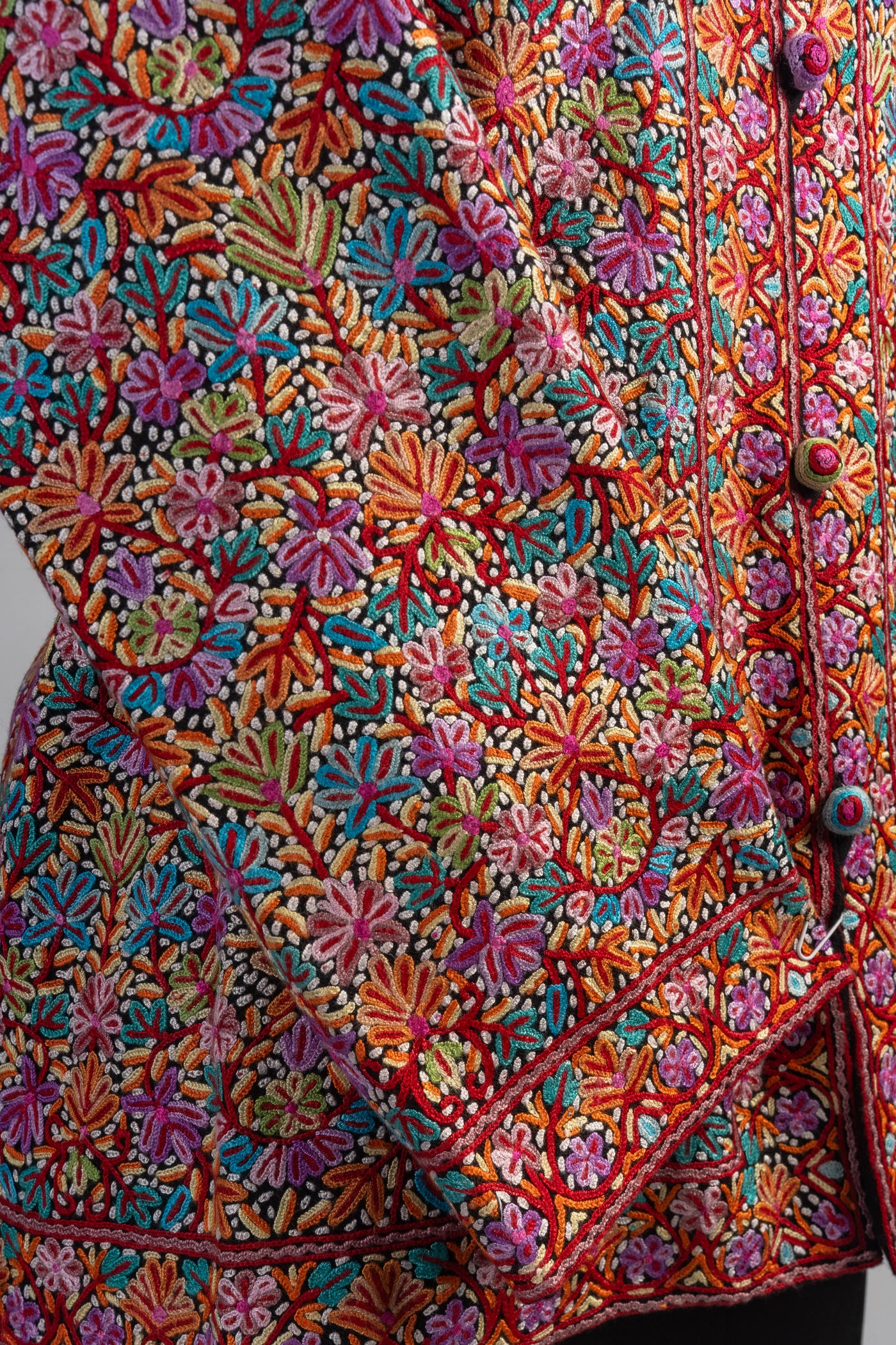 Blossoms of Kashmir: Hand Aari Embroidered Merino Wool Short Jacket with Floral Accents