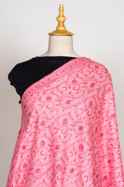 Blush Cascade: Hand Embroidered Sozni Scarf in Merino Wool