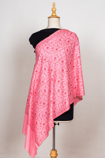 Blush Cascade: Hand Embroidered Sozni Scarf in Merino Wool