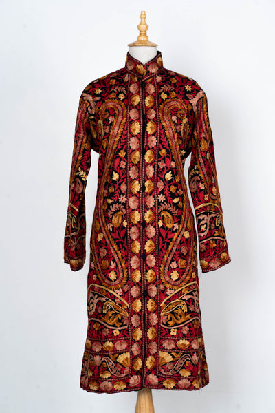 Majestic Bloom: Aari Embroidered Long Jacket in Crimson Splendor