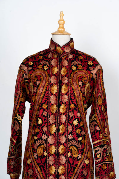 Majestic Bloom: Aari Embroidered Long Jacket in Crimson Splendor