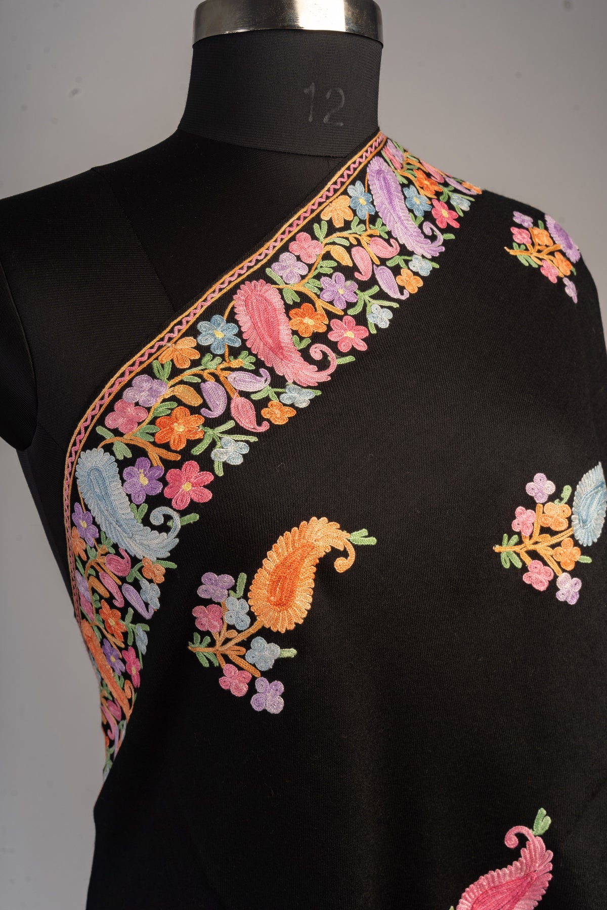 Exquisite Merino Wool Stole with Aari Embroidery in Multicolor Paisley Motifs