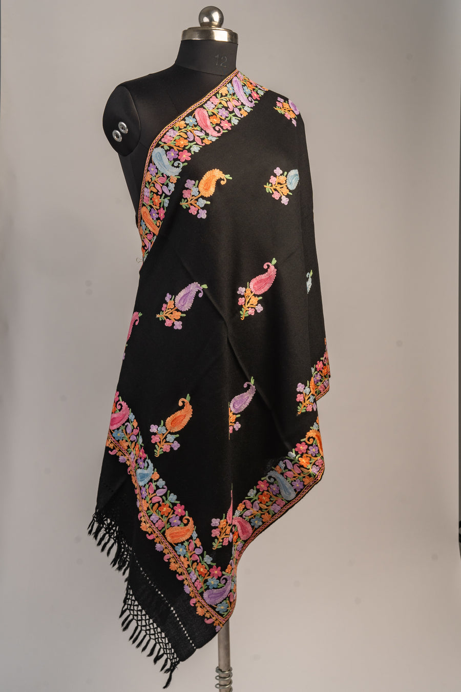 Exquisite Merino Wool Stole with Aari Embroidery in Multicolor Paisley Motifs