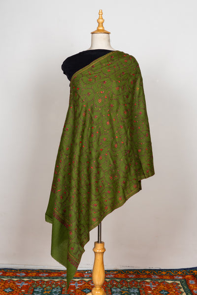 Olive Vine: Sozni Hand Embroidered Merino Wool Scarf