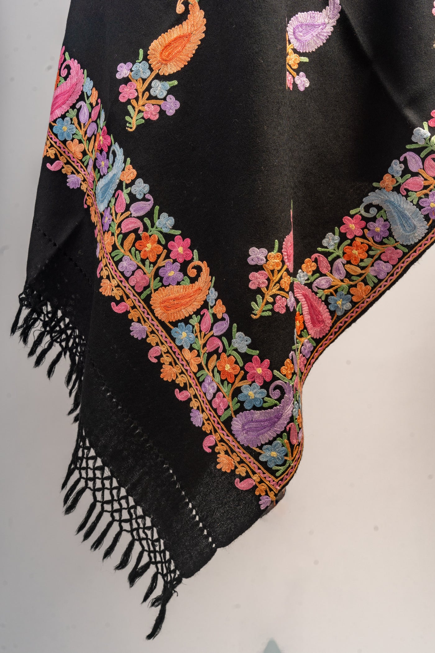 Exquisite Merino Wool Scarf with Aari Embroidery in Multicolor Paisley Motifs