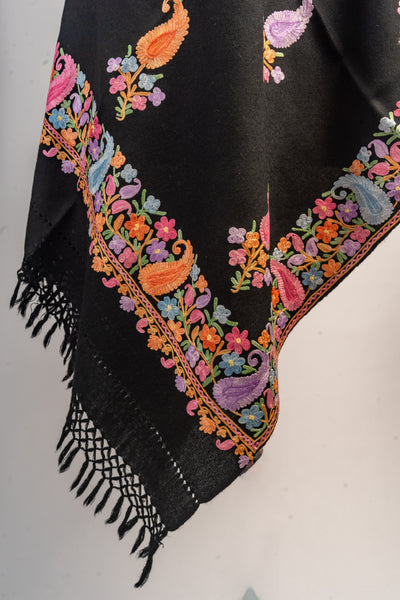 Exquisite Merino Wool Scarf with Aari Embroidery in Multicolor Paisley Motifs