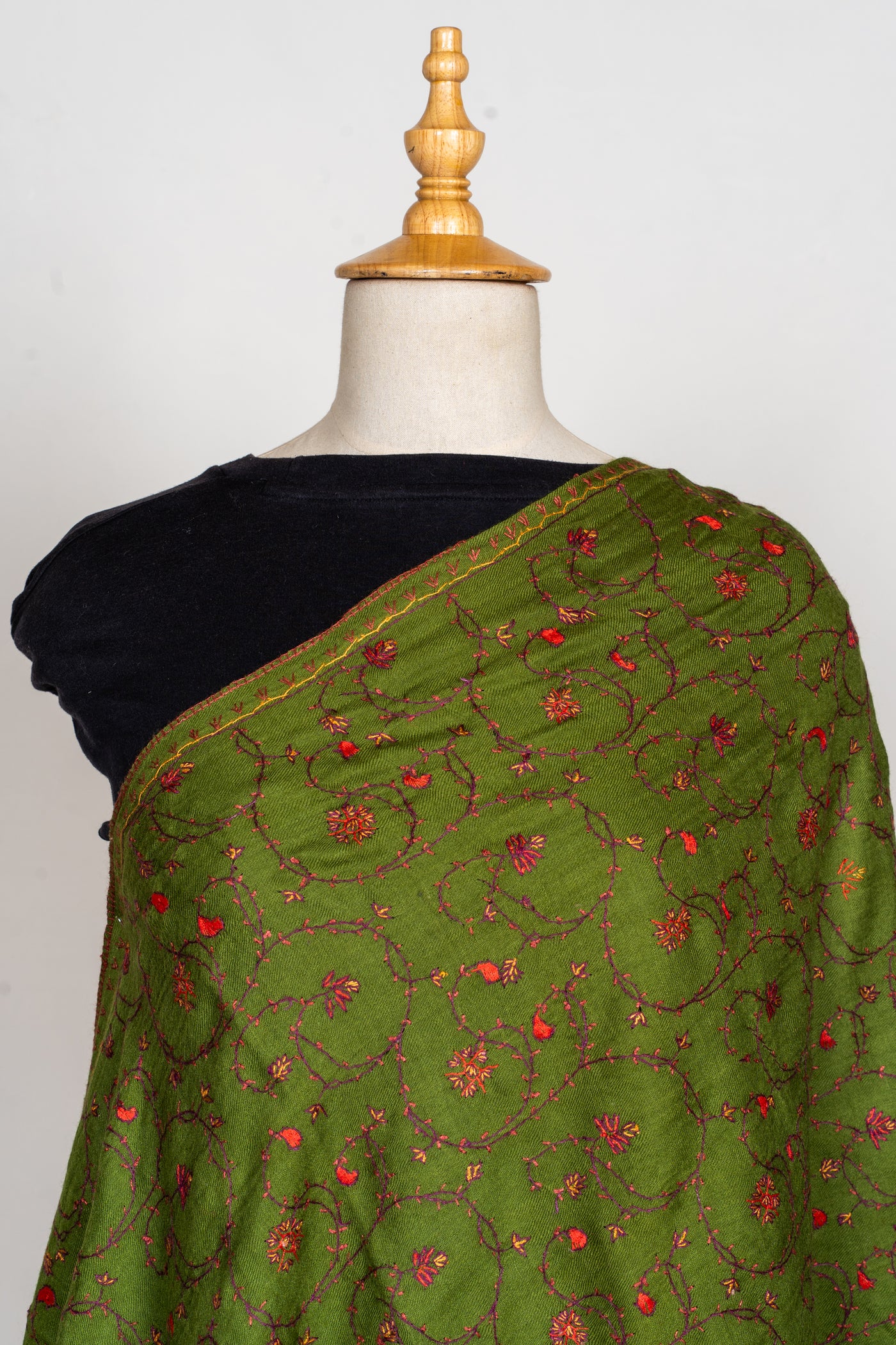 Olive Vine: Sozni Hand Embroidered Merino Wool Scarf