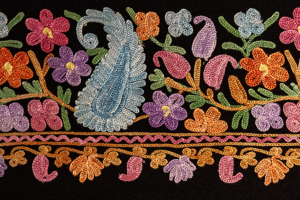 Macro view of pale blue and pink paisleys, orange and purple flowers, and green stems embroidered on black fabric.