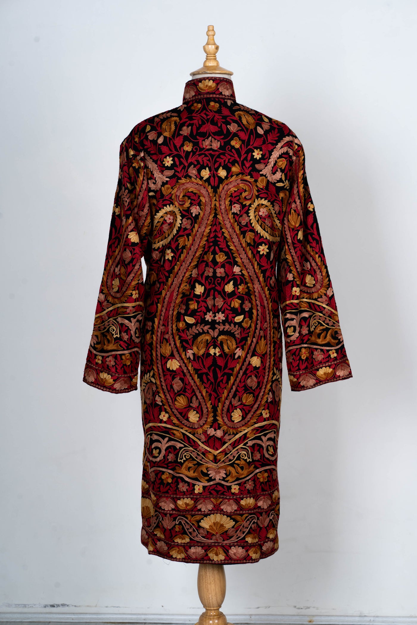 Majestic Bloom: Aari Embroidered Long Jacket in Crimson Splendor