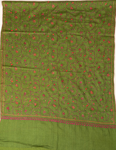 Olive Vine: Sozni Hand Embroidered Merino Wool Scarf