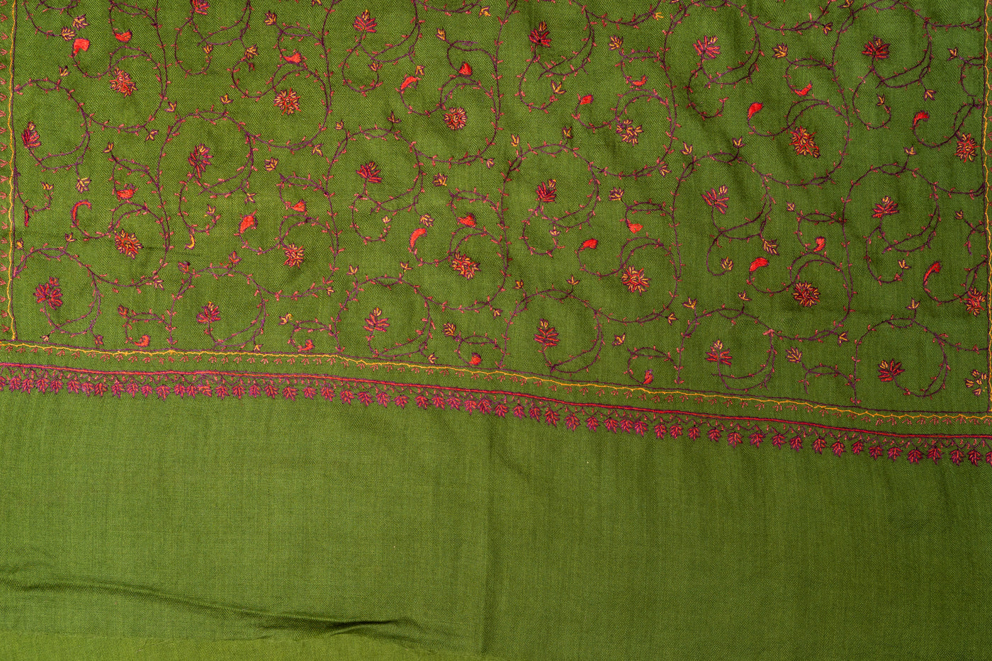 Olive Vine: Sozni Hand Embroidered Merino Wool Scarf