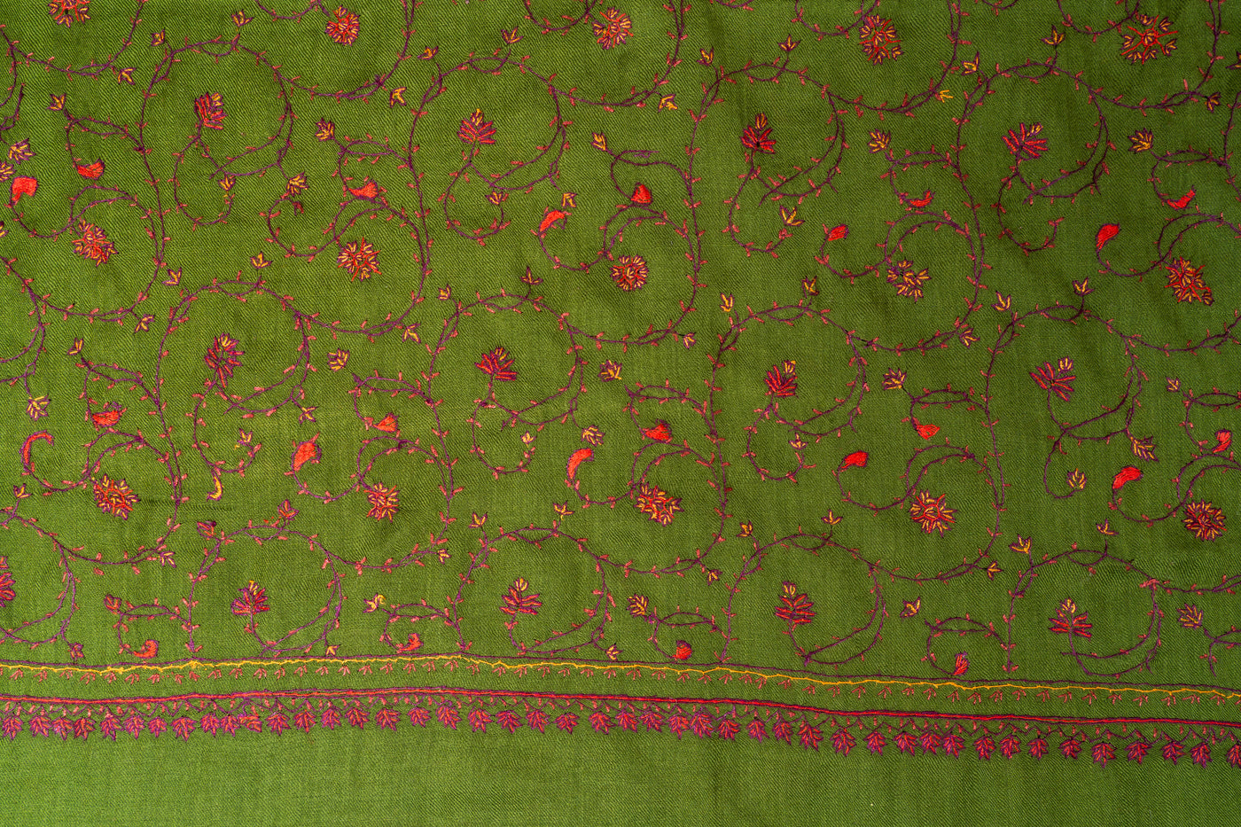 Olive Vine: Sozni Hand Embroidered Merino Wool Scarf