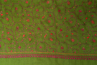 Olive Vine: Sozni Hand Embroidered Merino Wool Scarf