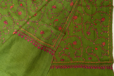 Olive Vine: Sozni Hand Embroidered Merino Wool Scarf
