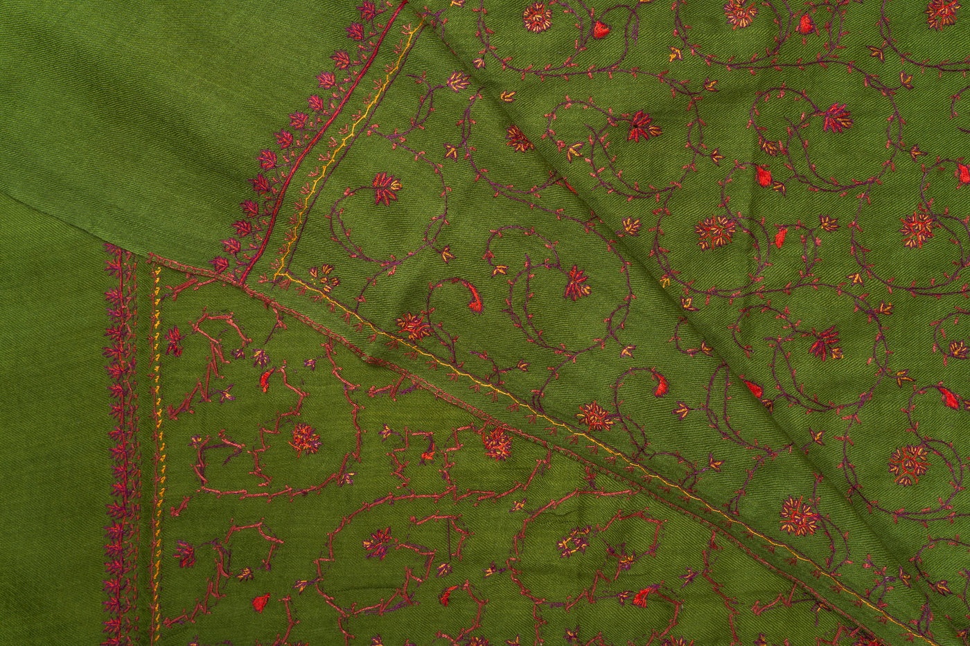 Olive Vine: Sozni Hand Embroidered Merino Wool Scarf