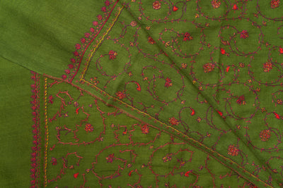 Olive Vine: Sozni Hand Embroidered Merino Wool Scarf