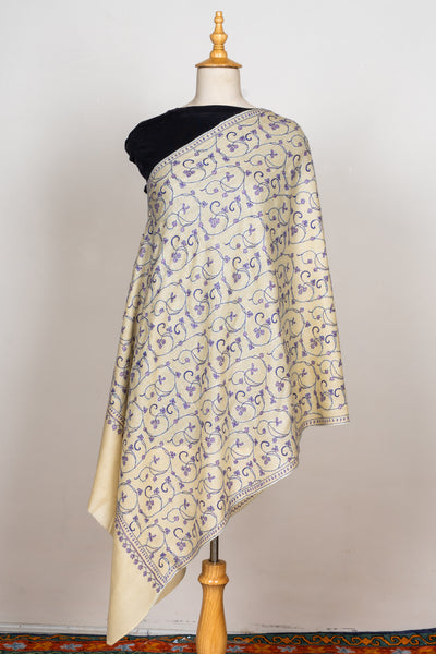 Lilac Whispers: Hand Embroidered Sozni Merino Wool Scarf in Cream