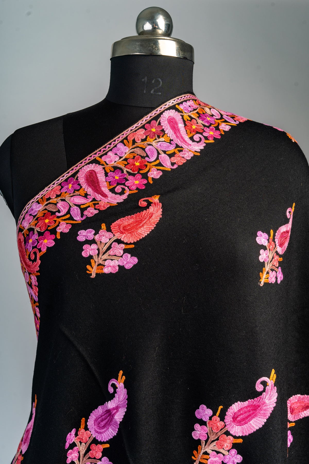 Merino Wool Aari Embroidered Stole in Radiant Pink Hues