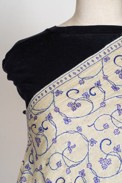 Lilac Whispers: Hand Embroidered Sozni Merino Wool Scarf in Cream