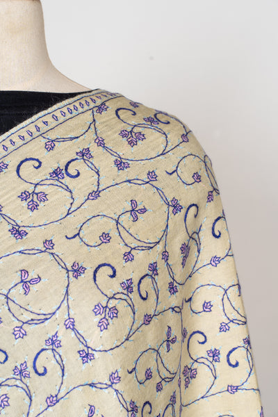 Lilac Whispers: Hand Embroidered Sozni Merino Wool Scarf in Cream