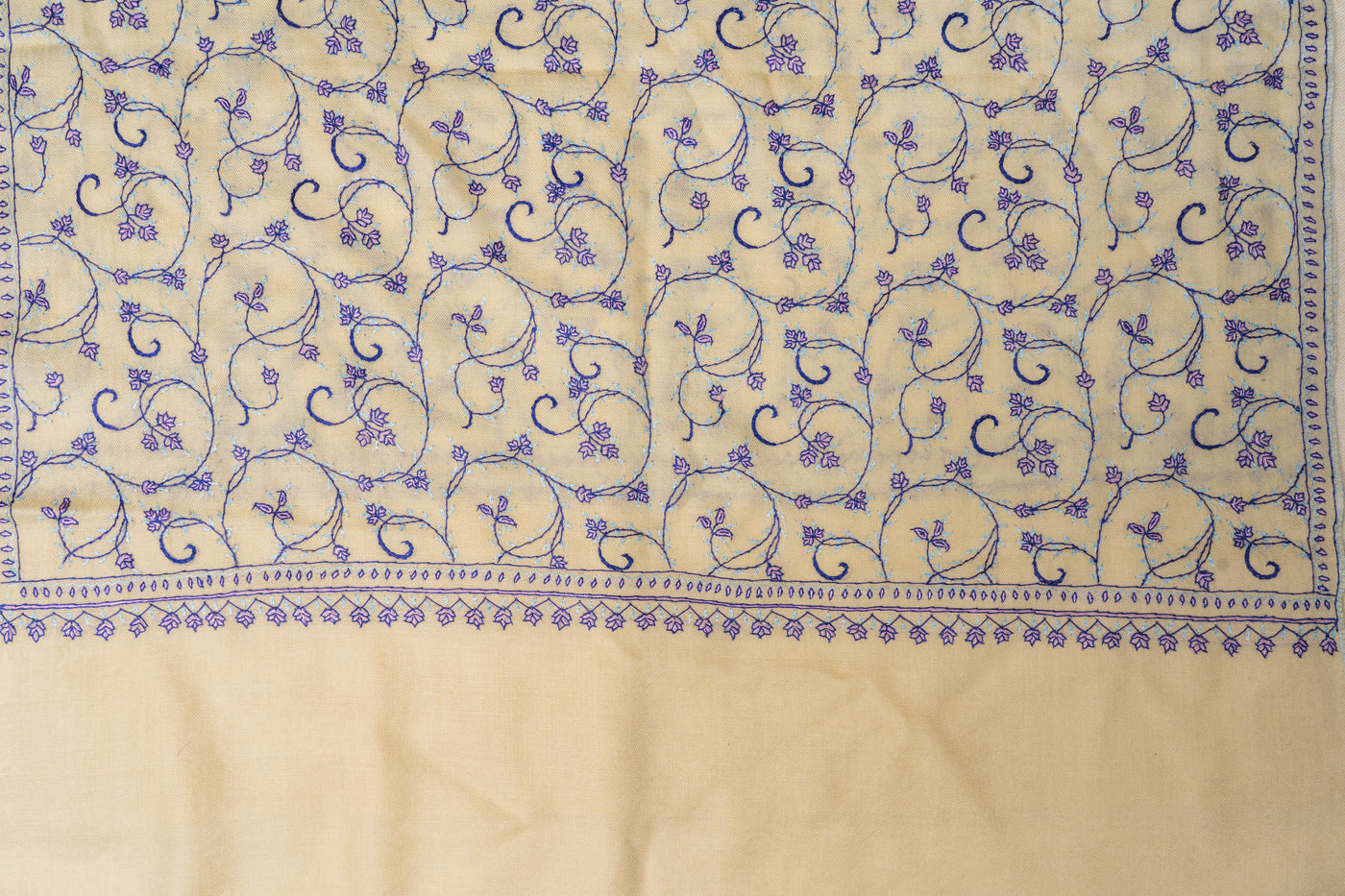 Lilac Whispers: Hand Embroidered Sozni Merino Wool Scarf in Cream
