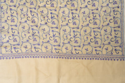 Lilac Whispers: Hand Embroidered Sozni Merino Wool Scarf in Cream