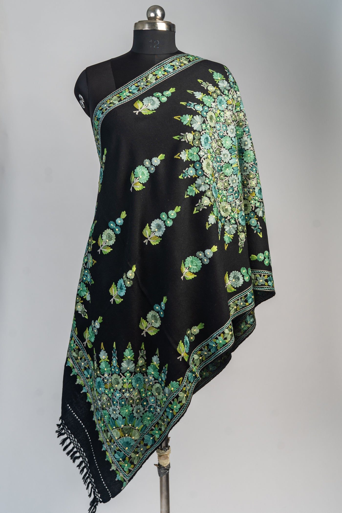 Emerald Garden Merino Wool Scarf with Intricate Aari Embroidery