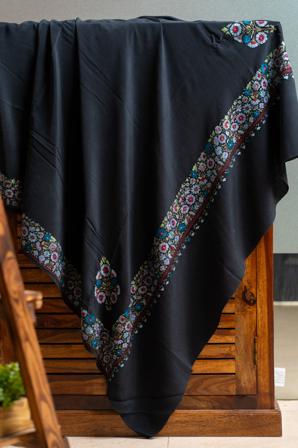 Regal Black Pure Crepe Saree with Floral Papier Mache Hand Embroidery