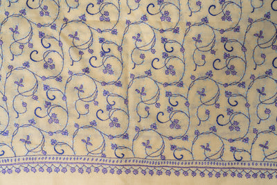 Lilac Whispers: Hand Embroidered Sozni Merino Wool Scarf in Cream