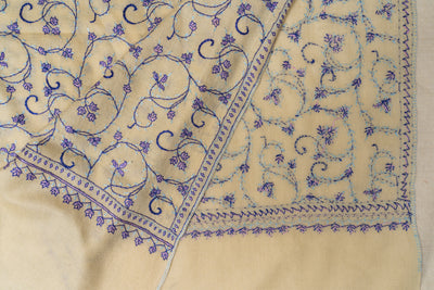 Lilac Whispers: Hand Embroidered Sozni Merino Wool Scarf in Cream