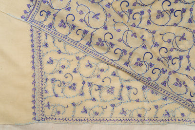 Lilac Whispers: Hand Embroidered Sozni Merino Wool Scarf in Cream