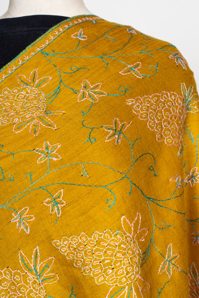 Sunlit Vines: Sozni Hand Embroidered Merino Wool Scarf in Mustard Gold