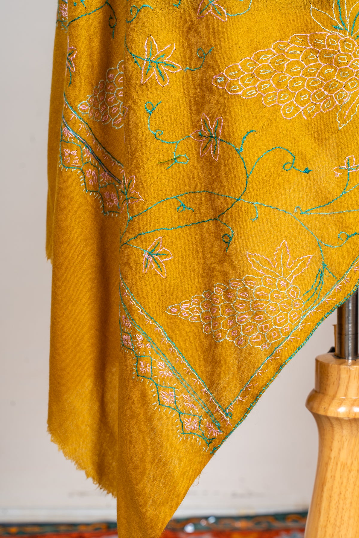 Sunlit Vines: Sozni Hand Embroidered Merino Wool Stole in Mustard Gold