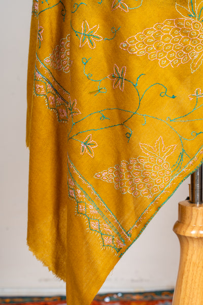Sunlit Vines: Sozni Hand Embroidered Merino Wool Scarf in Mustard Gold